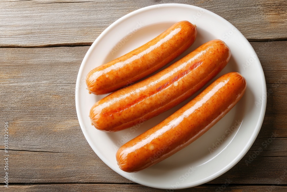 Three boiled sausages in white plate on wooden table - generative ai Three boiled sausages in white plate on wooden table - generative ai