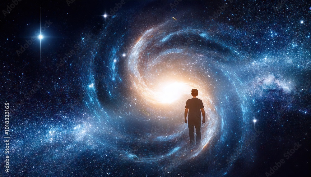 A hyper-realistic photograph of an endless expanse of stars and galaxies swirling in a vast, dark universe, with a radiant, glowing figure at the center A hyper-realistic photograph of an endless expanse of stars and galaxies swirling in a vast, dark universe, with a radiant, glowing figure at the center