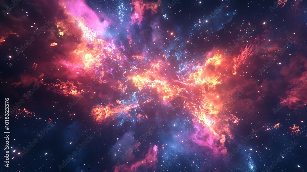 A vibrant nebula with swirling red, pink, and blue hues. A vibrant nebula with swirling red, pink, and blue hues.