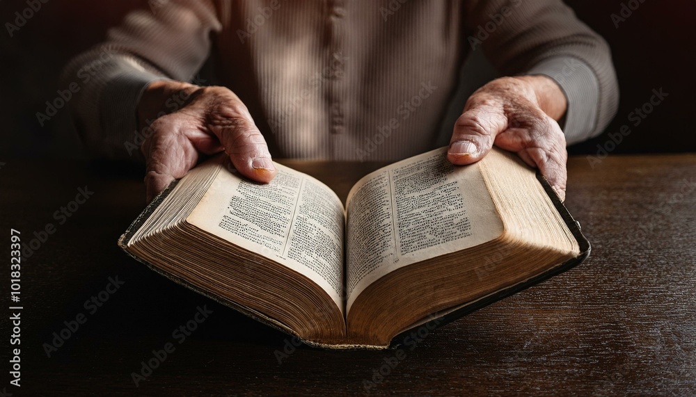 Naklejka premium A pair of elderly hands cupping an open Bible