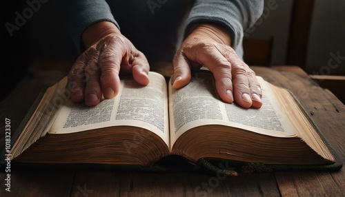 A pair of elderly hands cupping an open Bible