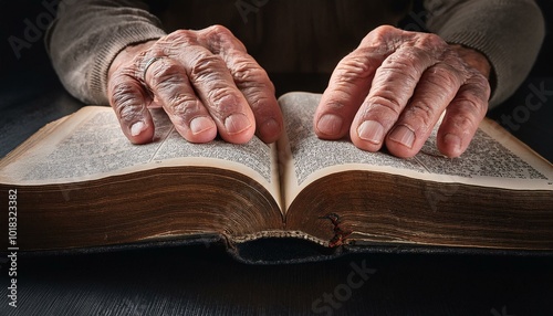 A pair of elderly hands cupping an open Bible photo