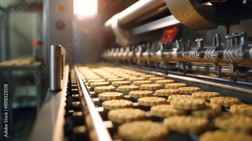 Cookies on a Conveyor Belt in a Factory