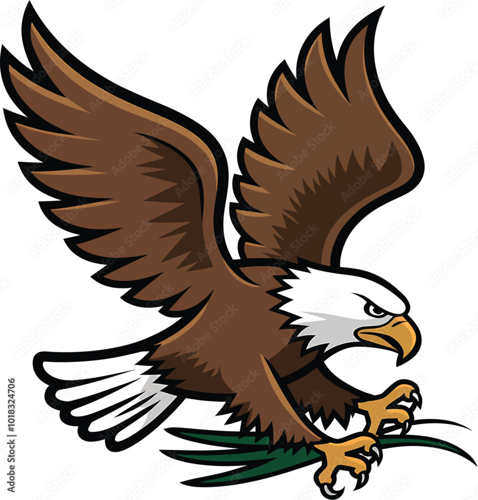 Fototapeta premium Cartoon bald eagle flying flapping wings vector