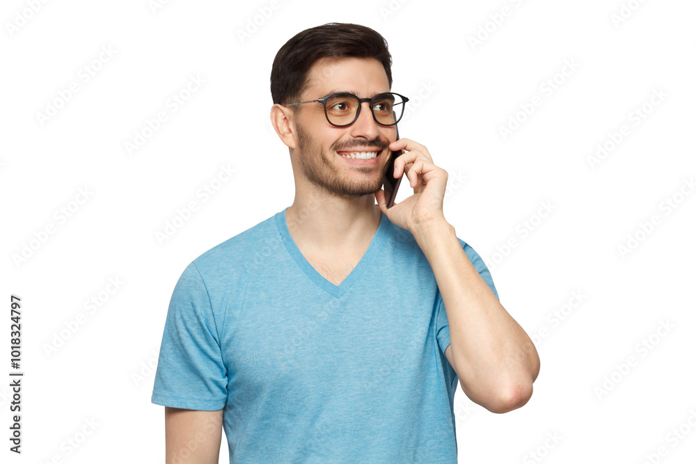 Young man wearing blue t-shirt and talking on phone Young man wearing blue t-shirt and talking on phone