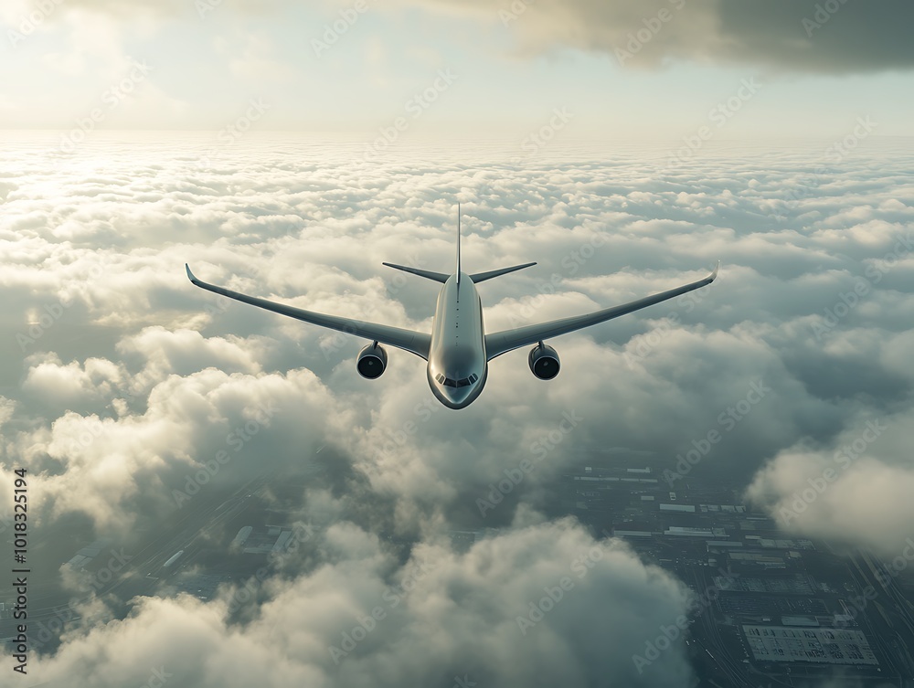 Obraz premium Airplane flying above the clouds with a view of the city below.