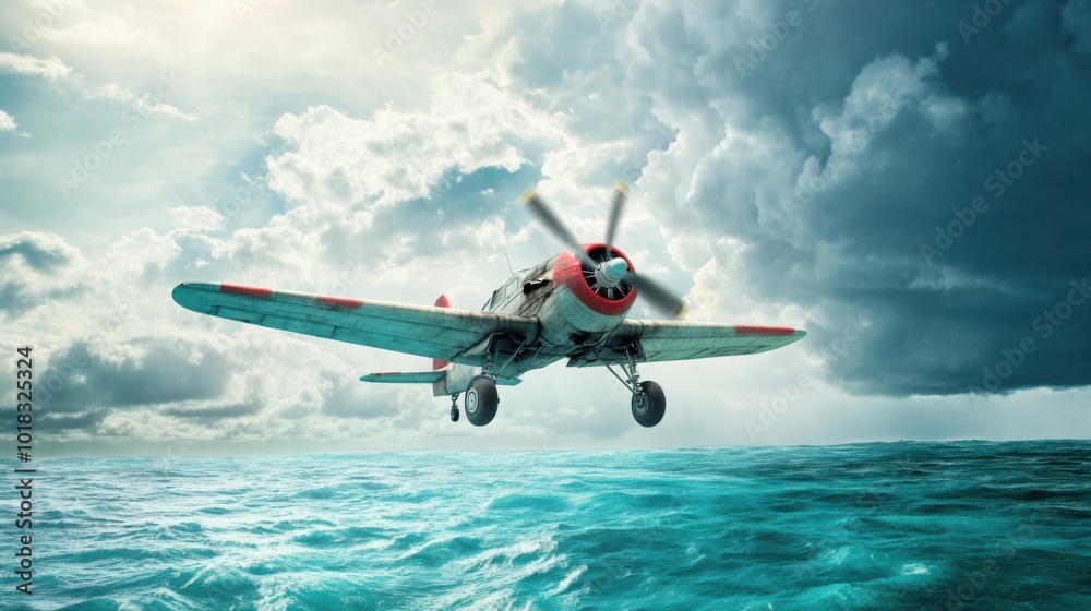 Obraz premium Airplane Over Turquoise Sea with Dramatic Clouds