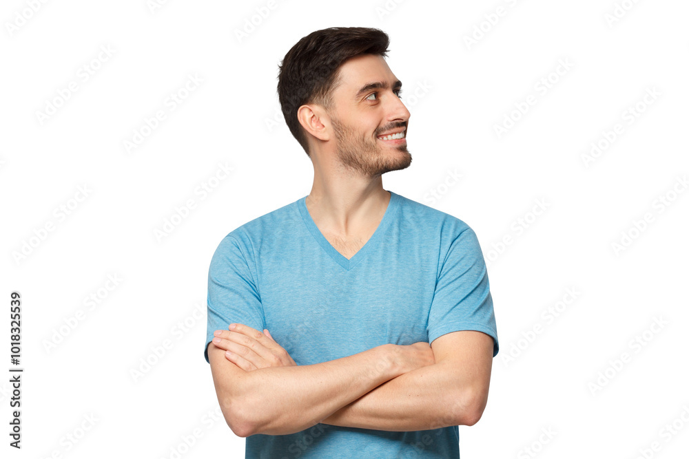 Young man in blue t-shirt with crossed arms Young man in blue t-shirt with crossed arms