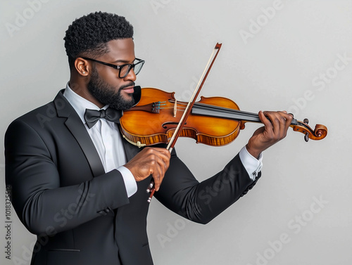 African American man in black suit playing violin in elegant musical performance on gray background