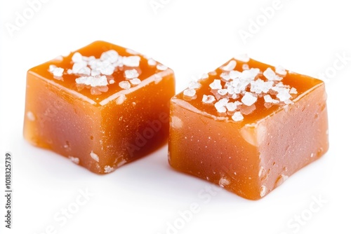 Two salty or salted caramel candy cubes topped with caramel sauce and sea salt isolated on white background, top view - generative ai