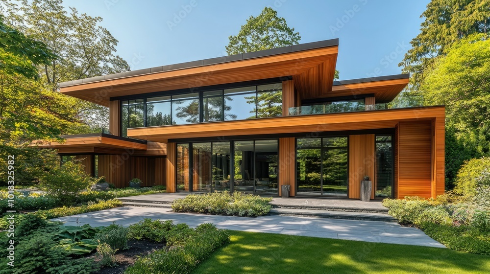 An elegant wooden home design with expansive windows and clean, minimalist landscaping.