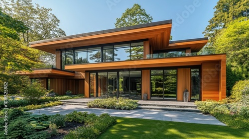 An elegant wooden home design with expansive windows and clean, minimalist landscaping.