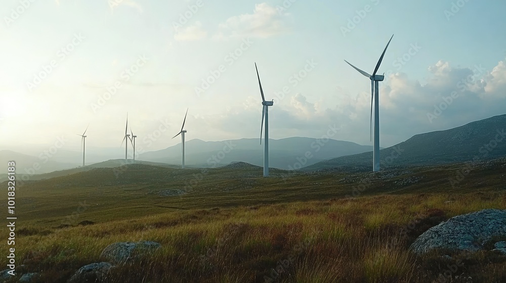 Obraz premium An expansive wind farm with multiple turbines in an open landscape.