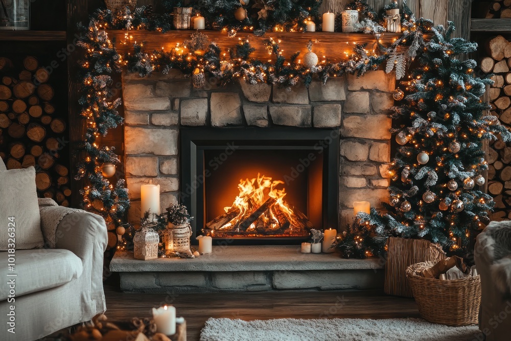 Cozy fireplace with Christmas decorations and a lit fire. Cozy fireplace with Christmas decorations and a lit fire.