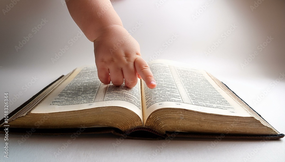 Naklejka premium A small child's hand lightly touching an open Bible