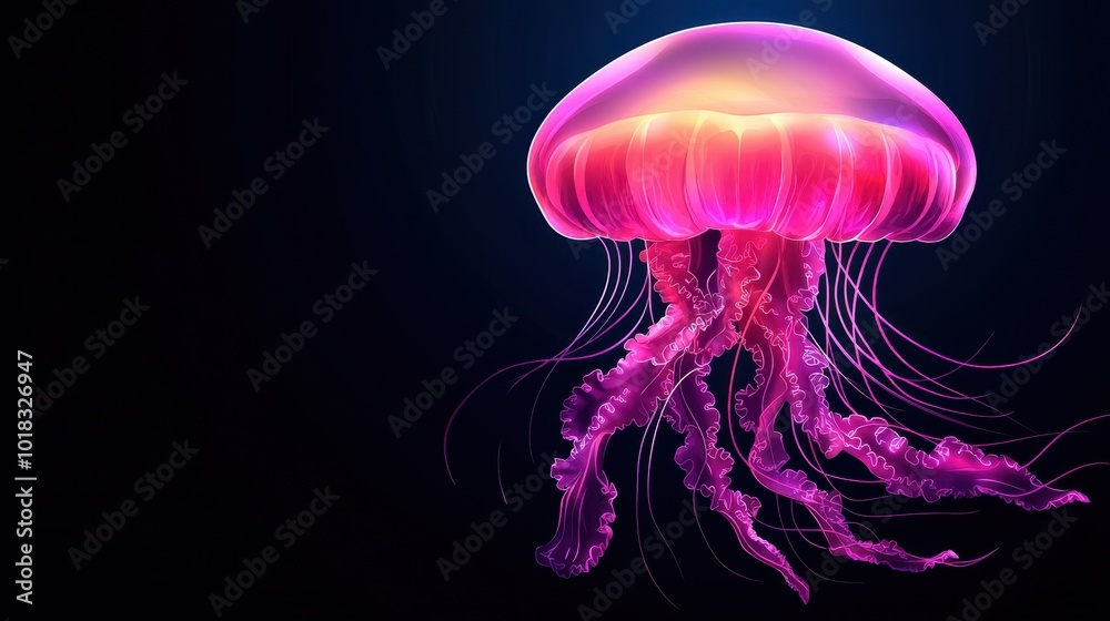 A vibrant jellyfish with glowing tentacles against a dark background. A vibrant jellyfish with glowing tentacles against a dark background.