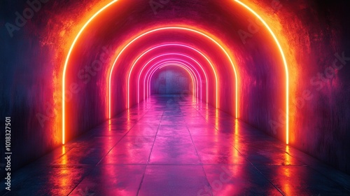 Neon archway illuminated by vibrant, contrasting colors of pink and orange, creating a futuristic, abstract passageway with reflective wet concrete floor