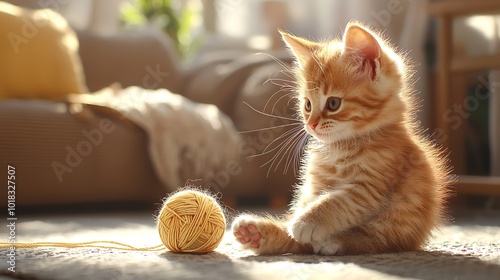 Cute ginger kitten playing with yarn ball on carpet. photo