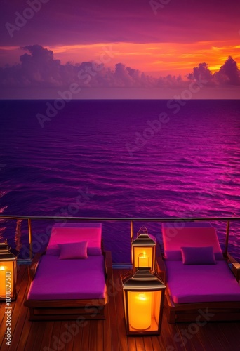 breathtaking vibrant ocean sunset over serene waters viewed from elegant luxury cruise deck, colors, vibrance, sea, sky, beauty, landscape, vacation, travel photo