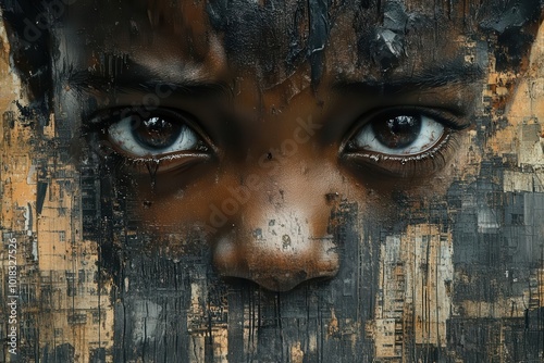 haunting portrait of refugee child tearstained face wartorn cityscape monochromatic with subtle color accents photo