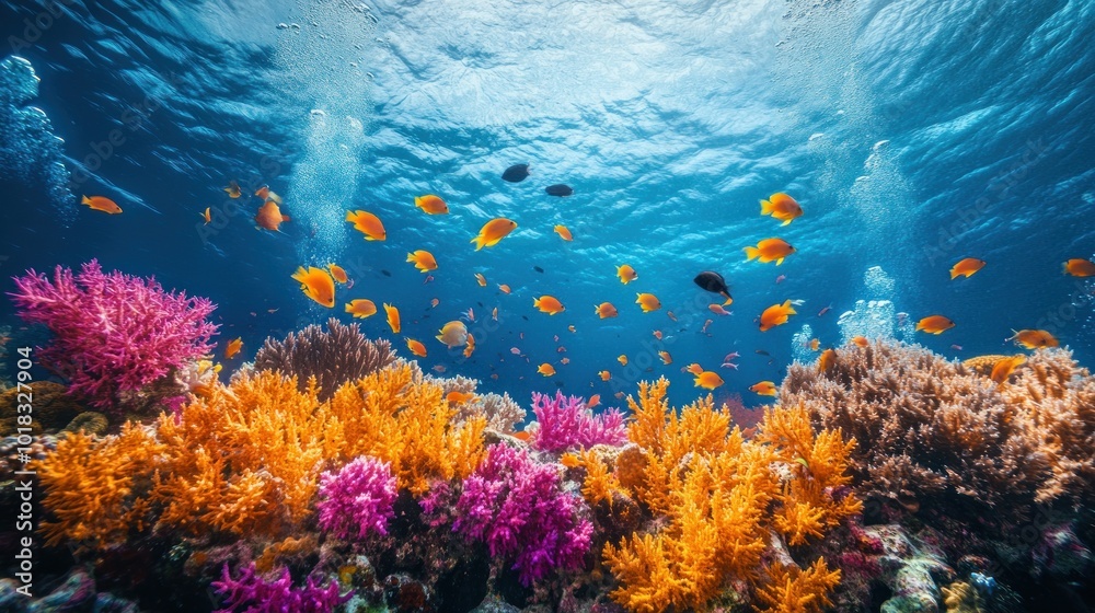Naklejka premium A vibrant underwater scene with colorful coral reefs and a school of fish swimming through the crystal clear water.