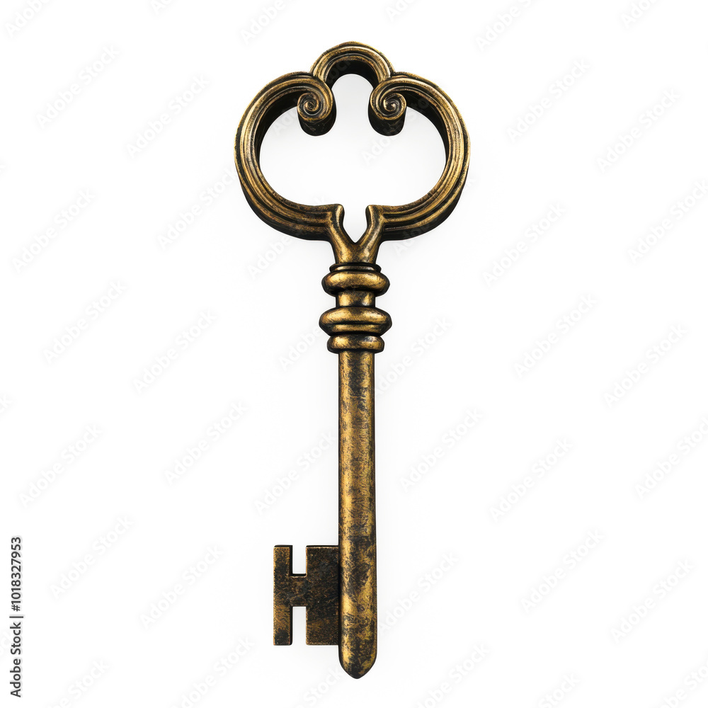 Antique decorative key with ornate handle resting against a plain backdrop, showcasing its intricate design and craftsmanship Antique decorative key with ornate handle resting against a plain backdrop, showcasing its intricate design and craftsmanship