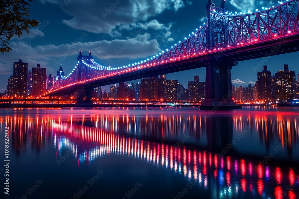 Fototapeta premium Illuminated bridge over city skyline at night.