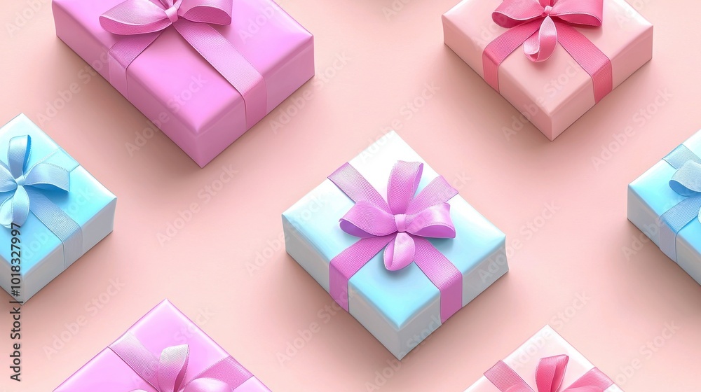 Colorful gift boxes with bows arranged on a soft pink background, perfect for celebrations and special occasions. Colorful gift boxes with bows arranged on a soft pink background, perfect for celebrations and special occasions.