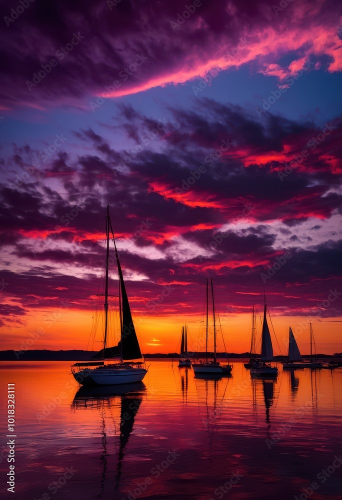 vibrant sunset silhouettes displaying classic boats tranquilly floating calm water under stunning colorful sky, reflection, evening, dusk, twilight, horizon vibrant sunset silhouettes displaying classic boats tranquilly floating calm water under stunning colorful sky, reflection, evening, dusk, twilight, horizon