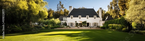 White house with green lawn and trees.