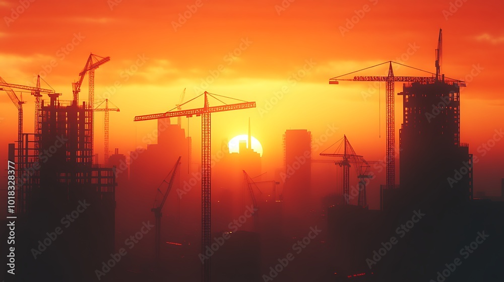 Silhouetted construction cranes against a fiery sunset sky. Silhouetted construction cranes against a fiery sunset sky.