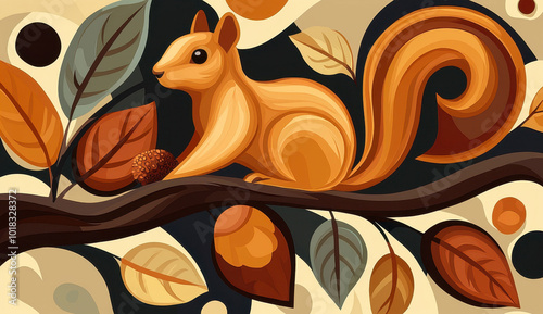 Colorful illustration of a squirrel sitting on a branch with autumn leaves. photo