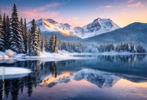 captivating serene winter landscapes showcasing majestic snow covered glimmering frosty tranquil frozen lakes holiday travel inspiration, mountains, trees