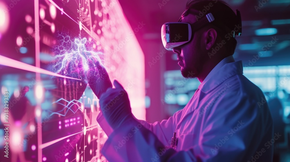 A healthcare worker in full protective gear interacts with virtual reality technology in a futuristic medical laboratory setting, highlighting the intersection of healthcare and innovation A healthcare worker in full protective gear interacts with virtual reality technology in a futuristic medical laboratory setting, highlighting the intersection of healthcare and innovation