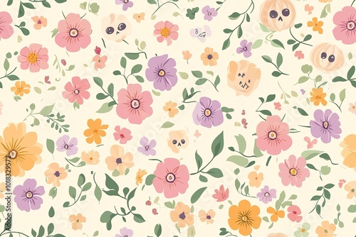 A seamless pattern of pastel-colored flowers and pumpkin leaves, with small skulls