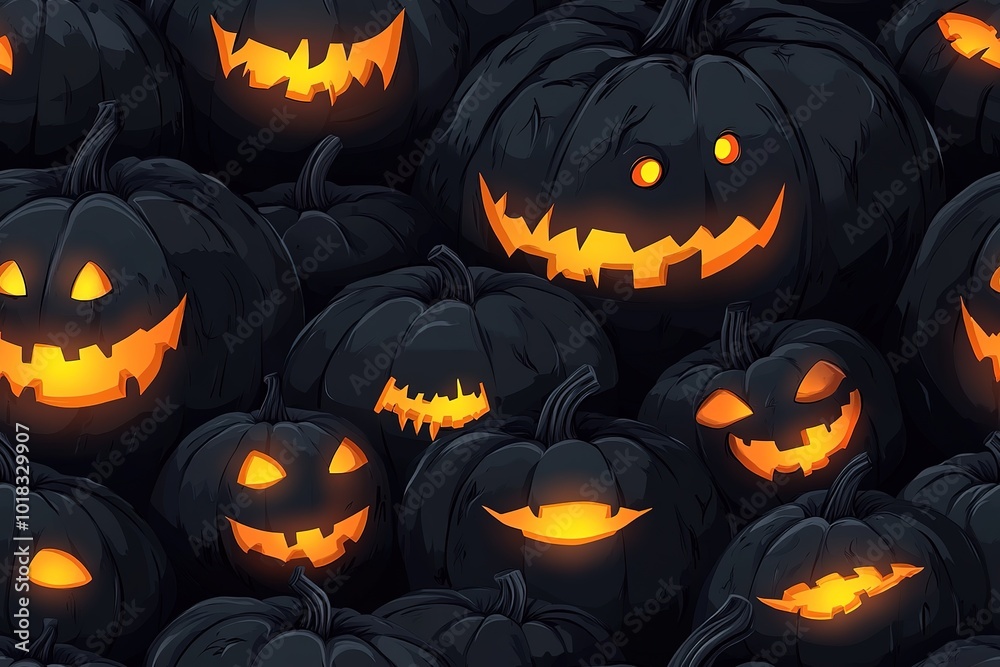 A pattern of black pumpkins with orange eyes and mouths, all in different sizes, against a dark background. A pattern of black pumpkins with orange eyes and mouths, all in different sizes, against a dark background.