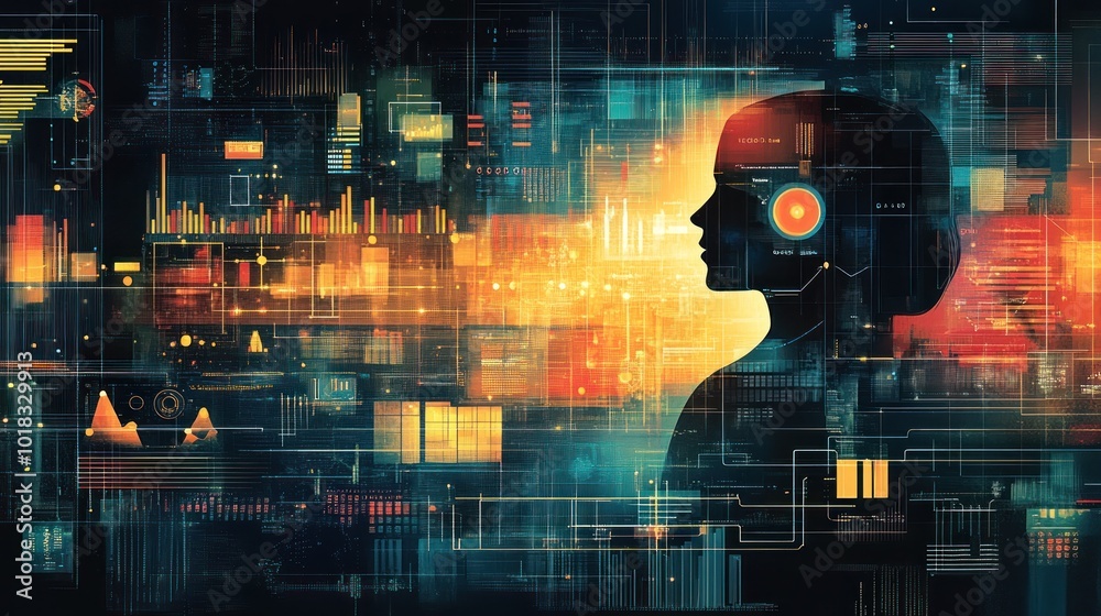A silhouette of a person's head with a glowing circle on the side, set against a background of colorful digital data and abstract shapes. A silhouette of a person's head with a glowing circle on the side, set against a background of colorful digital data and abstract shapes.