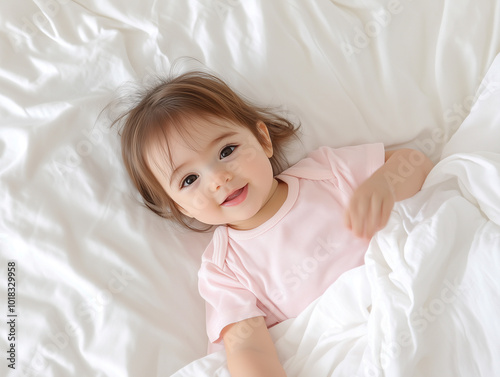 Beautiful smiling baby girl on a white bed in a pink onesie 