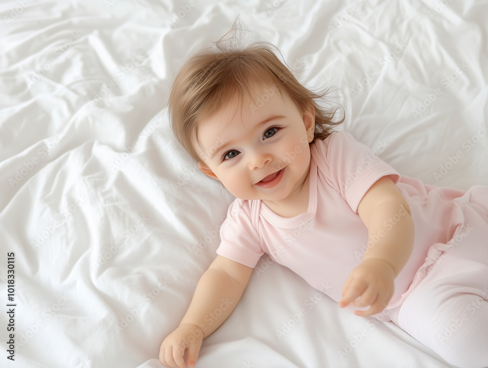Beautiful smiling baby girl on a white bed in a pink onesie Beautiful smiling baby girl on a white bed in a pink onesie