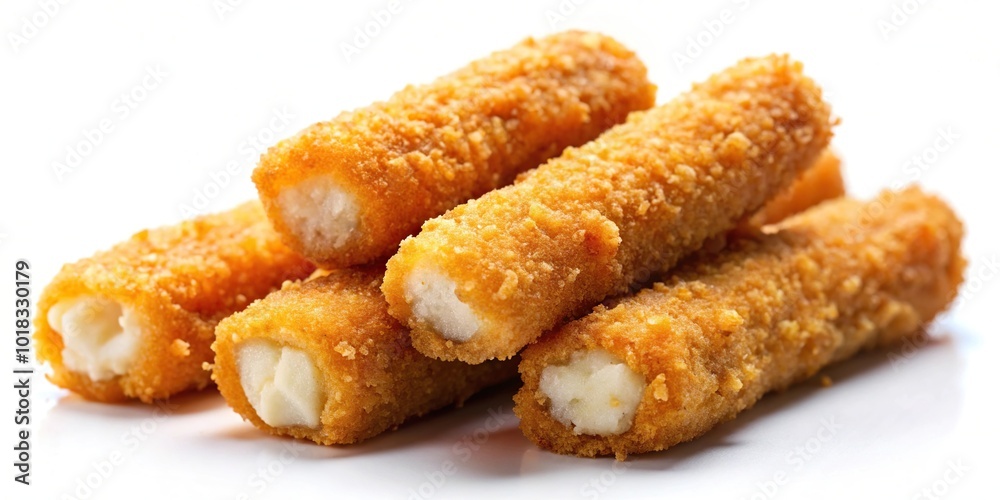 Fried mozzarella sticks in extreme close-up on white background Fried mozzarella sticks in extreme close-up on white background