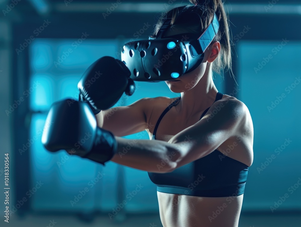 Woman practicing boxing with VR headset in neon-lit gym Woman practicing boxing with VR headset in neon-lit gym
