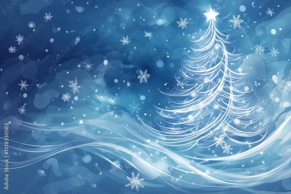 Christmas tree illustration on blue background with snowflakes for holiday designs Christmas tree illustration on blue background with snowflakes for holiday designs