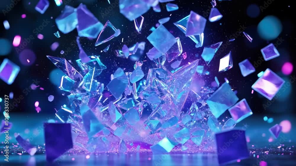Vibrant neon glass shards in explosion with bokeh lighting effect Vibrant neon glass shards in explosion with bokeh lighting effect