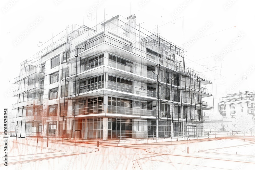 Sketch design of wireframe of building. Digital project visualization. Sketch design of wireframe of building. Digital project visualization.