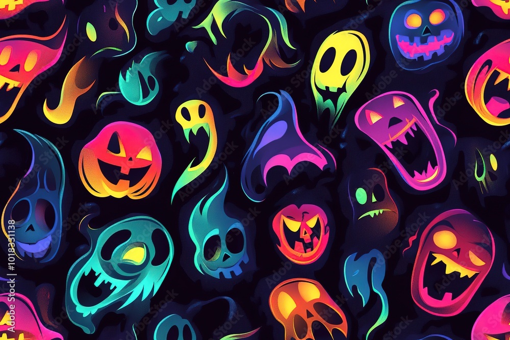 A black background with a colorful, glowing pattern of cartoon Halloween faces. High quality A black background with a colorful, glowing pattern of cartoon Halloween faces. High quality