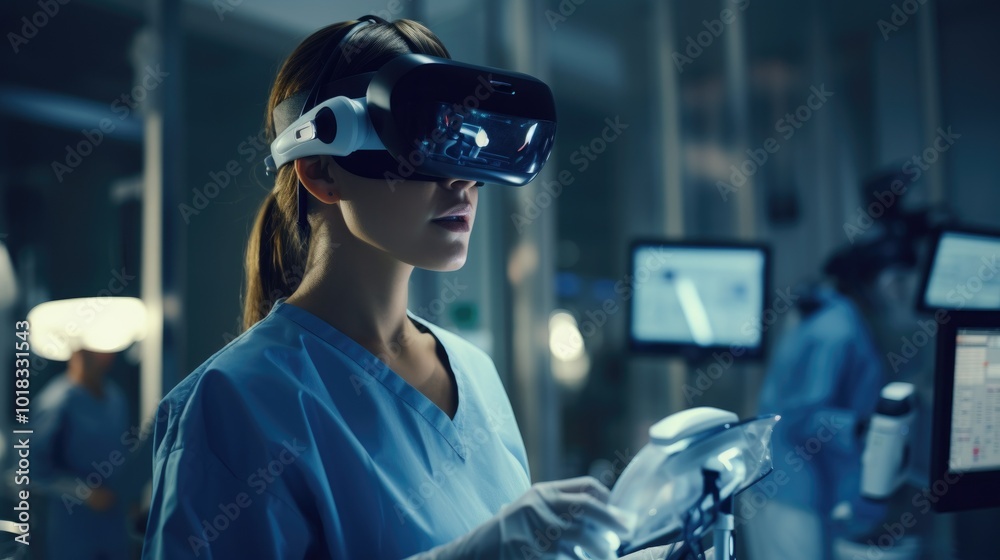 Medical Professional Using Virtual Reality for Surgical Training. A healthcare professional wearing a VR headset in a high-tech medical environment, utilizing virtual reality for surgical training Medical Professional Using Virtual Reality for Surgical Training. A healthcare professional wearing a VR headset in a high-tech medical environment, utilizing virtual reality for surgical training
