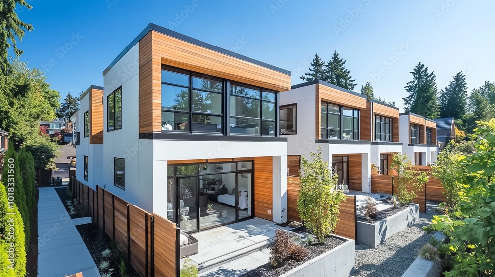 Modern townhouses with wood accents and patios. Modern townhouses with wood accents and patios.