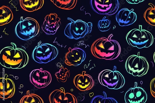 A pattern of cute pumpkins, mushrooms, and leaves in neon colors on a black background, with stars and rainbow-colored glittering effects, creating a cute Halloween design. High quality