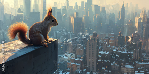 Urban Squirrel Overlooking the Cityscape from a High Perch