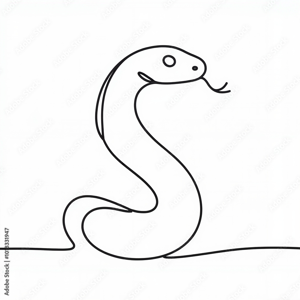 A minimalistic line art illustration of a snake with a curled body in black and white A minimalistic line art illustration of a snake with a curled body in black and white